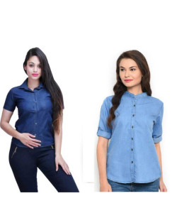 Women's Denim Solid Shirt Buy 1 Get 1 Fre Fabric Denim 